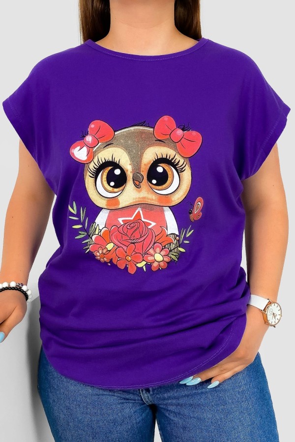 T-shirt damski nietoperz w kolorze jagodowym nadruk sówka kokardki