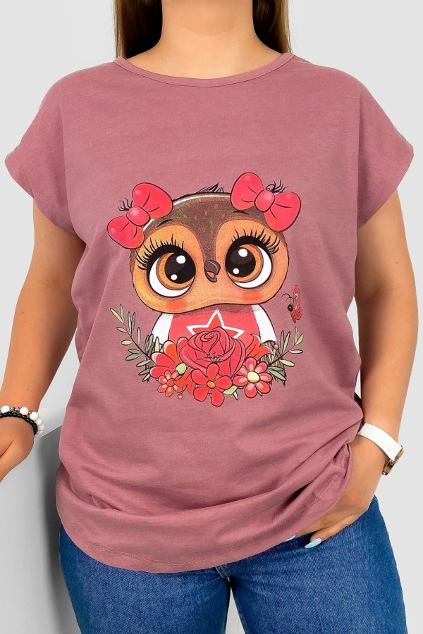 T-shirt damski nietoperz w kolorze brudnego różu nadruk sówka kokardki