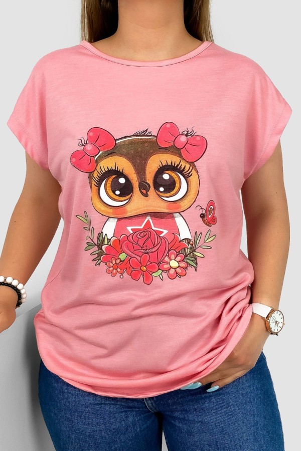 T-shirt damski nietoperz w kolorze różowym nadruk sówka kokardki
