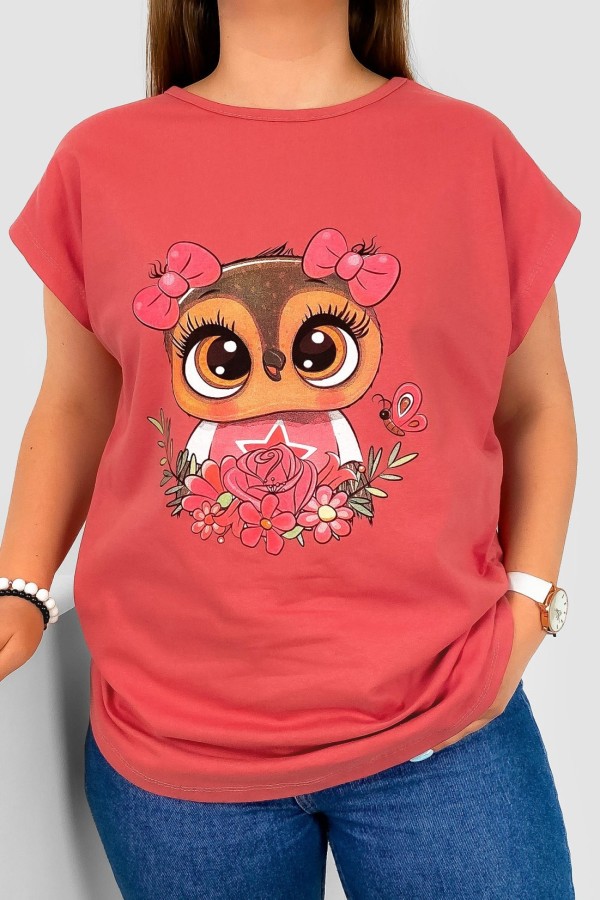 T-shirt damski nietoperz w kolorze truskawkowym nadruk sówka kokardki