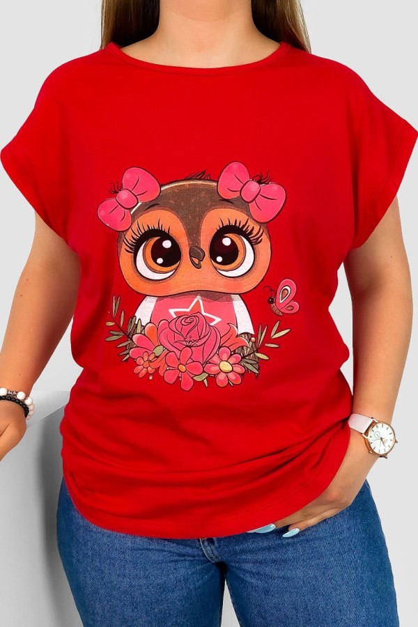 T-shirt damski nietoperz w kolorze czerwonym nadruk sówka kokardki