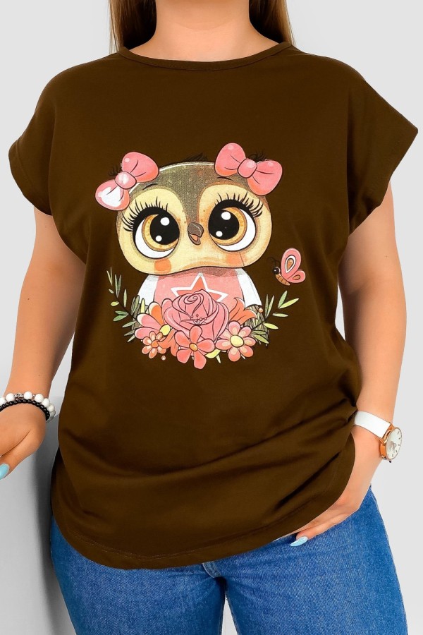 T-shirt damski nietoperz w kolorze brązowym nadruk sówka kokardki