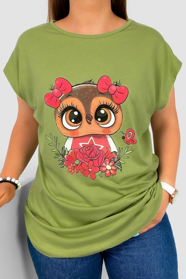 T-shirt damski nietoperz w kolorze oliwkowym nadruk sówka kokardki