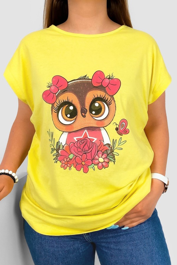 T-shirt damski nietoperz w kolorze żółtym nadruk sówka kokardki