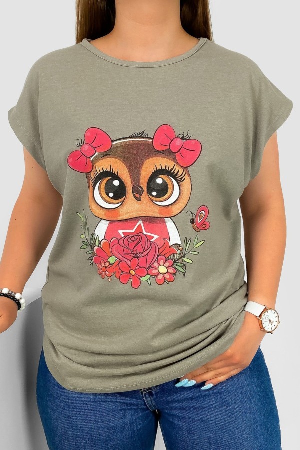 T-shirt damski nietoperz w kolorze beżowym nadruk sówka kokardki