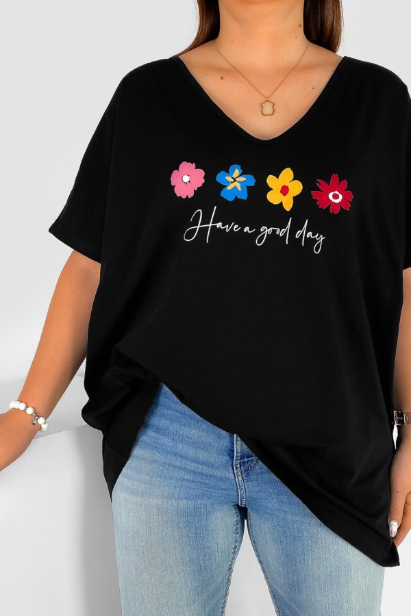 Bluzka damska T-shirt plus size w kolorze czarnym print flowers good day 1