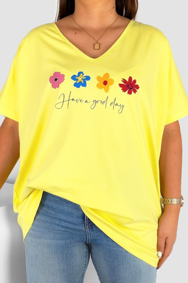 Bluzka damska T-shirt plus size w kolorze żółtym print flowers good day