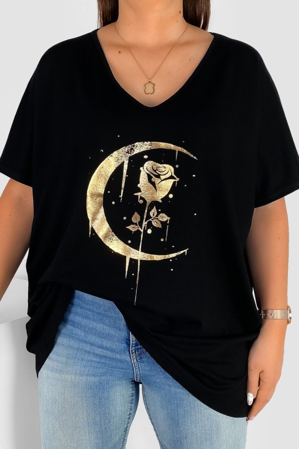 Bluzka damska T-shirt plus size w kolorze czarnym złoty nadruk moon rose