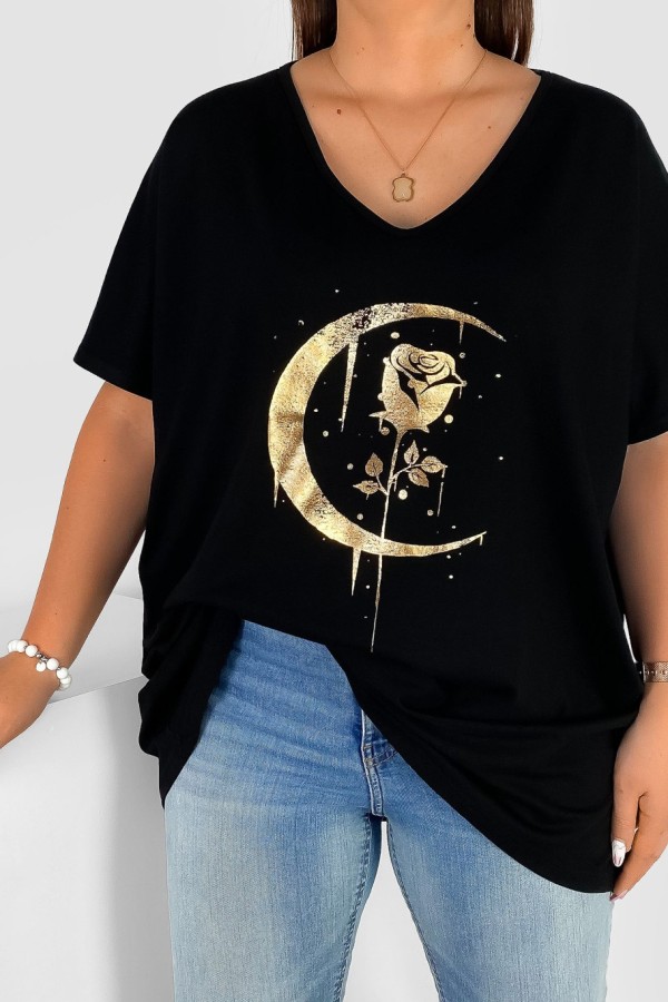 Bluzka damska T-shirt plus size w kolorze czarnym złoty nadruk moon rose 1