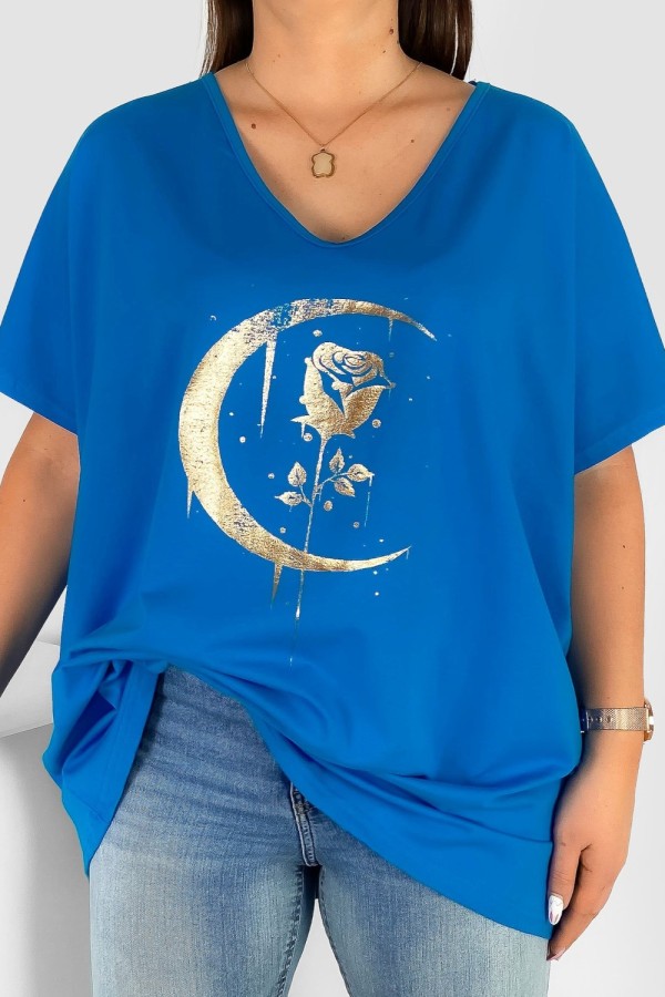 Bluzka damska T-shirt plus size w kolorze niebieskim złoty nadruk moon rose