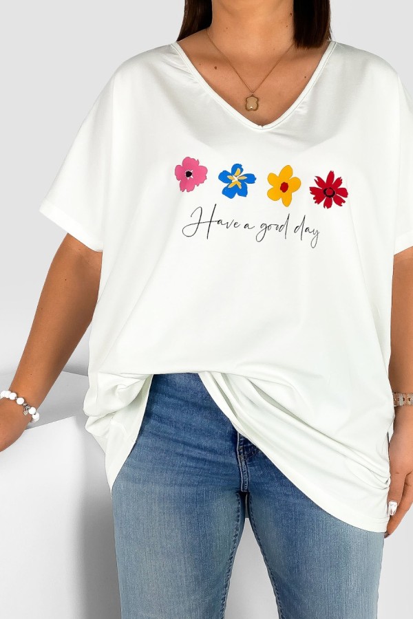 Bluzka damska T-shirt plus size w kolorze ecru print flowers good day 1