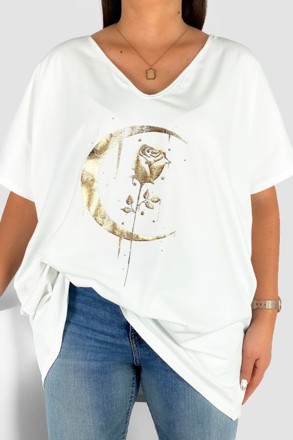 Bluzka damska T-shirt plus size w kolorze ecru złoty nadruk moon rose