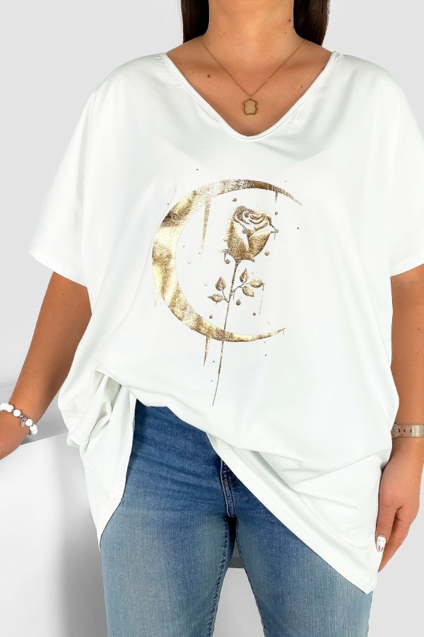 Bluzka damska T-shirt plus size w kolorze ecru złoty nadruk moon rose 1