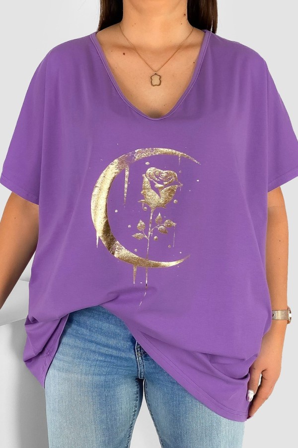 Bluzka damska T-shirt plus size w kolorze lila fiolet złoty nadruk moon rose