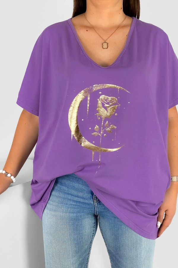Bluzka damska T-shirt plus size w kolorze lila fiolet złoty nadruk moon rose 1