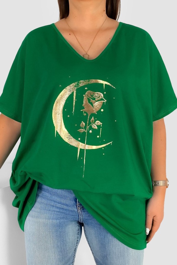 Bluzka damska T-shirt plus size w kolorze zielonym złoty nadruk moon rose