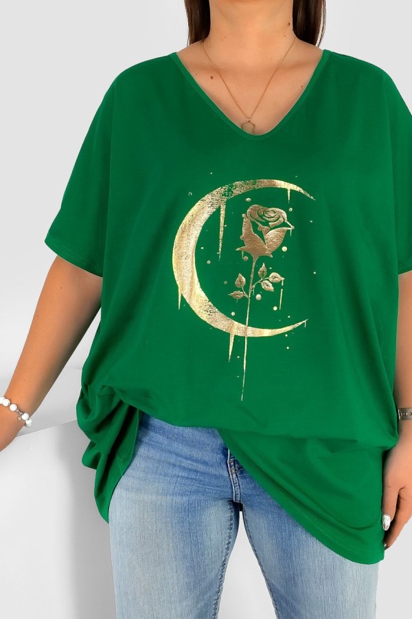 Bluzka damska T-shirt plus size w kolorze zielonym złoty nadruk moon rose 1