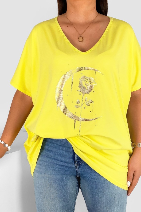 Bluzka damska T-shirt plus size w kolorze żółtym złoty nadruk moon rose 1