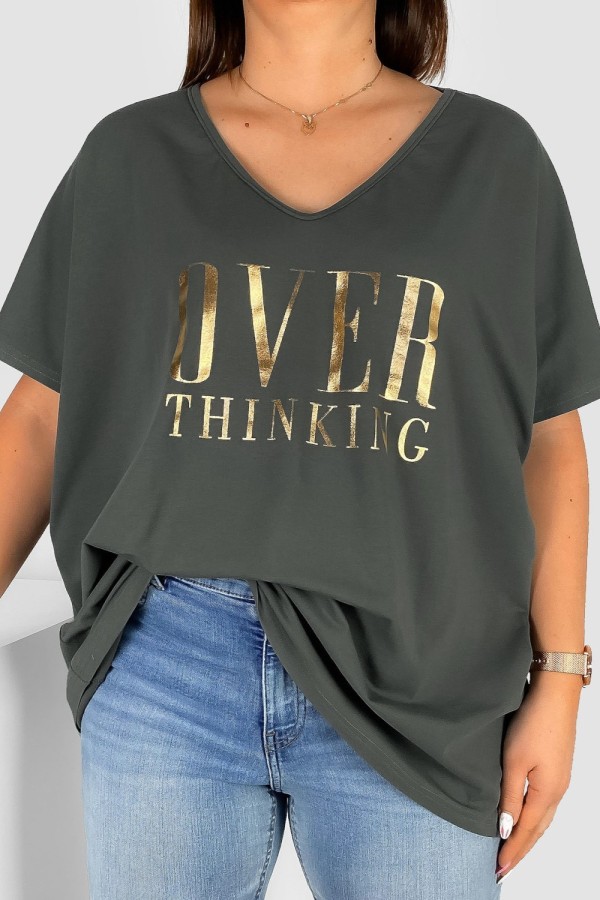 Bluzka damska plus size w kolorze grafitowym złote napisy Overthinking