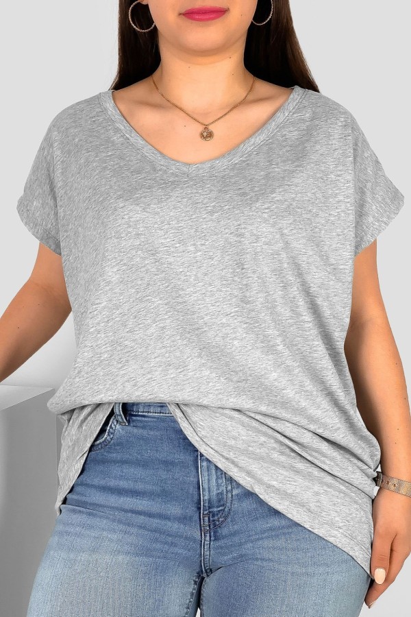 T-shirt damski plus size w kolorze szarego melanżu nietoperz dekolt w serek V-neck Roxa