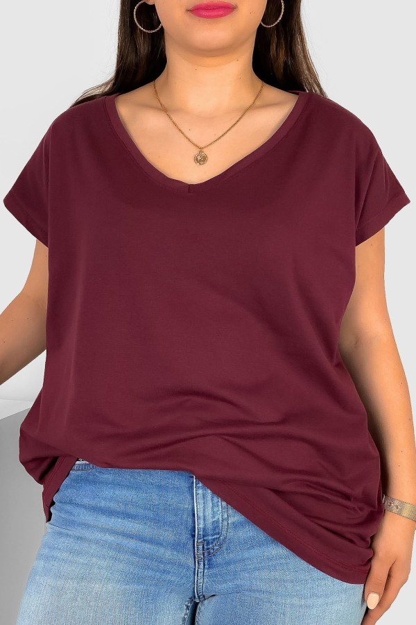 T-shirt damski plus size w kolorze burgundowym nietoperz dekolt w serek V-neck Roxa