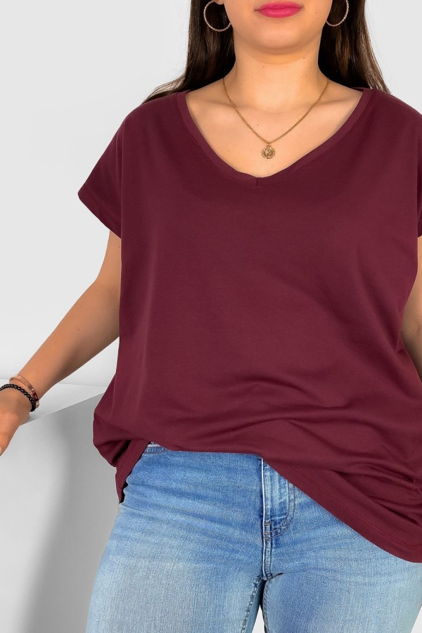 T-shirt damski plus size w kolorze burgundowym nietoperz dekolt w serek V-neck Roxa 1