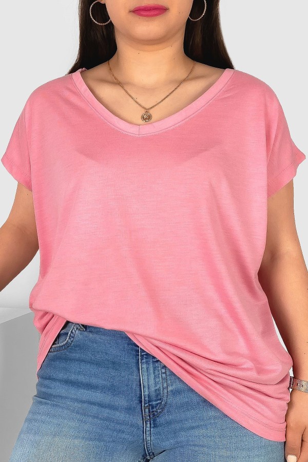 T-shirt damski plus size w kolorze różowego melanżu nietoperz dekolt w serek V-neck Roxa