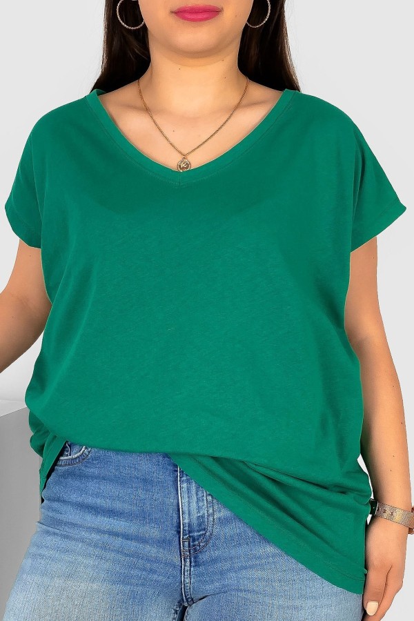 T-shirt damski plus size w kolorze zielonym nietoperz dekolt w serek V-neck Roxa