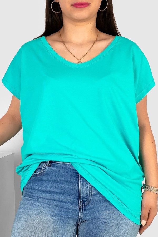 T-shirt damski plus size w kolorze tiffany nietoperz dekolt w serek V-neck Roxa