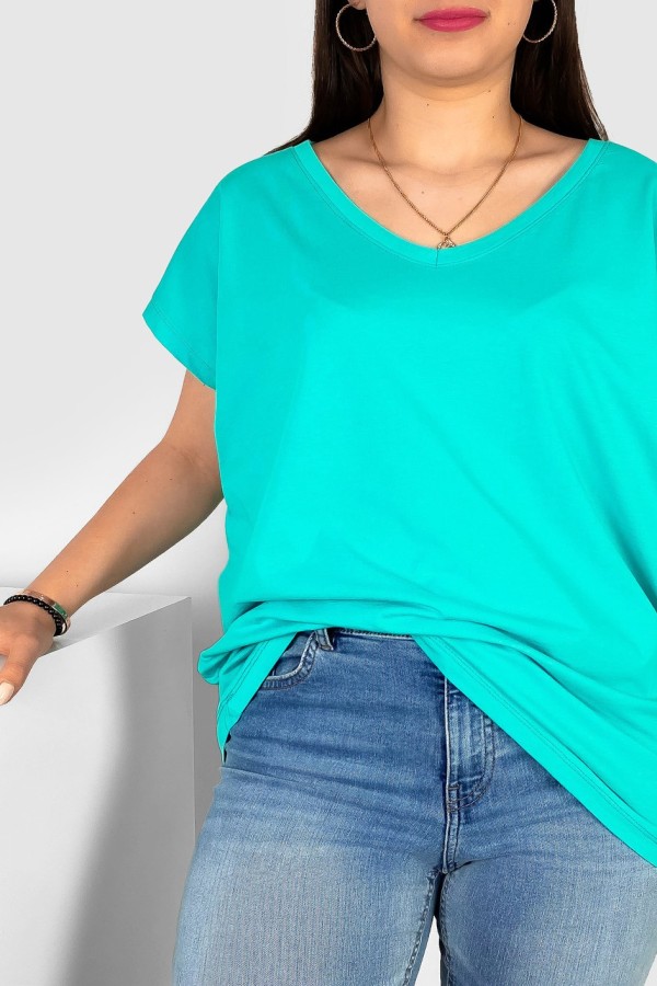 T-shirt damski plus size w kolorze tiffany nietoperz dekolt w serek V-neck Roxa 1