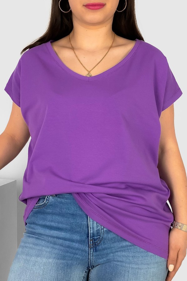 T-shirt damski plus size w kolorze fioletowym nietoperz dekolt w serek V-neck Roxa