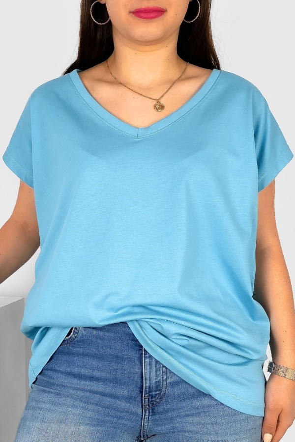 T-shirt damski plus size w kolorze niebieskim nietoperz dekolt w serek V-neck Roxa