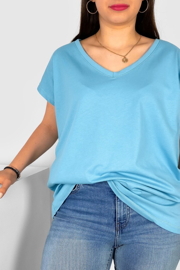 T-shirt damski plus size w kolorze niebieskim nietoperz dekolt w serek V-neck Roxa 1