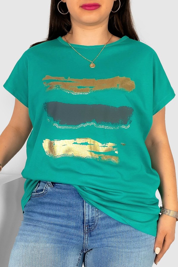 T-shirt damski plus size nietoperz w kolorze morskim nadruk złoty pasy Selmi