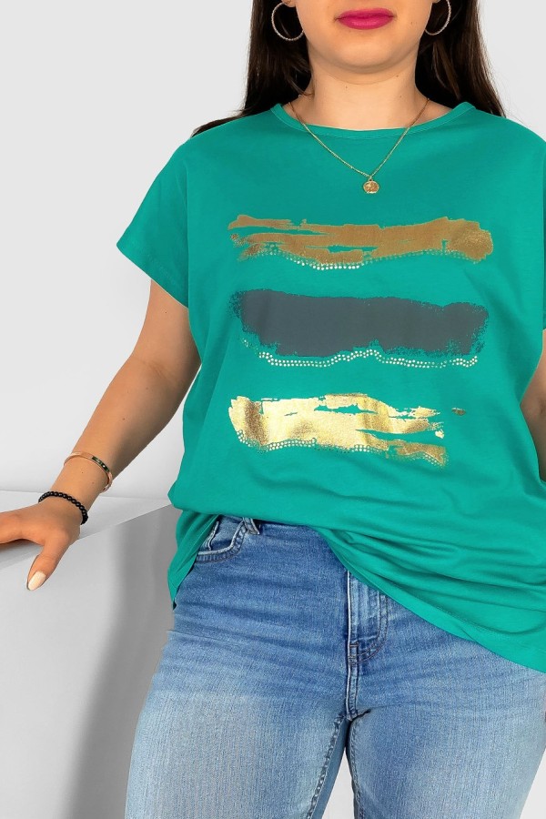 T-shirt damski plus size nietoperz w kolorze morskim nadruk złoty pasy Selmi 1