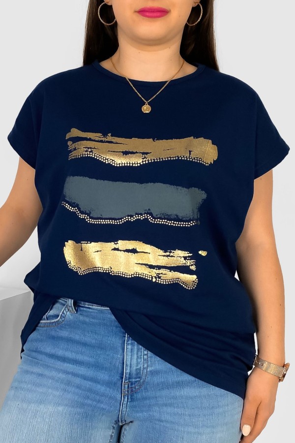 T-shirt damski plus size nietoperz w kolorze granatu nadruk złoty pasy Selmi