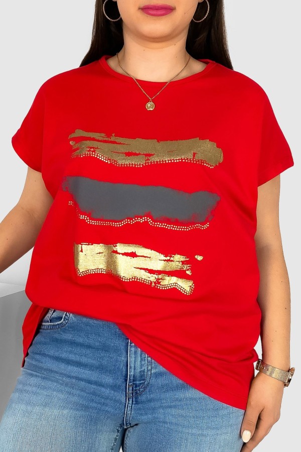 T-shirt damski plus size nietoperz w kolorze czerwonym nadruk złoty pasy Selmi