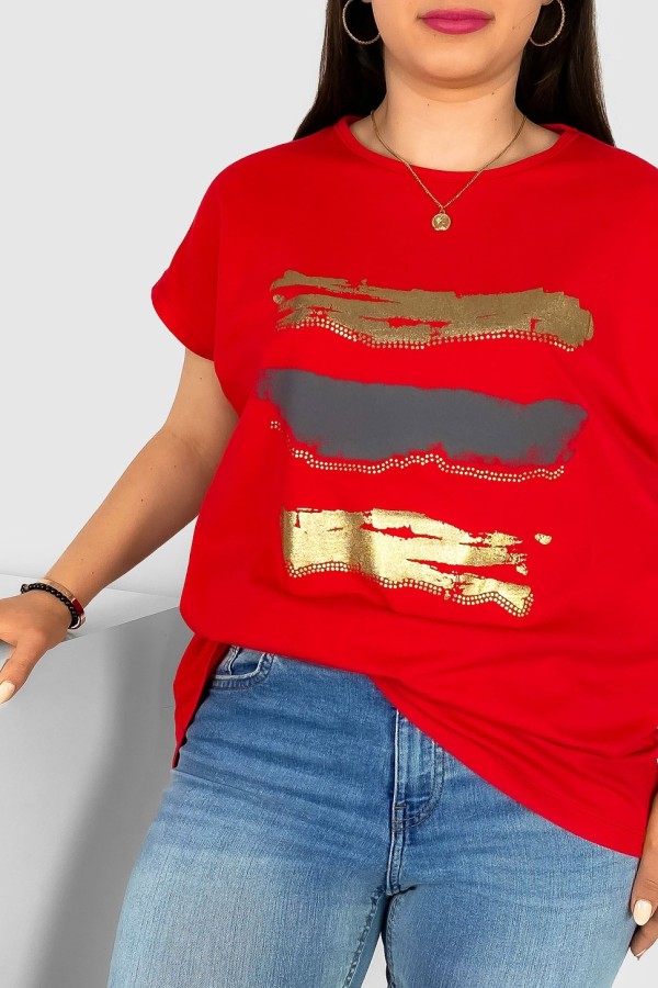 T-shirt damski plus size nietoperz w kolorze czerwonym nadruk złoty pasy Selmi 1