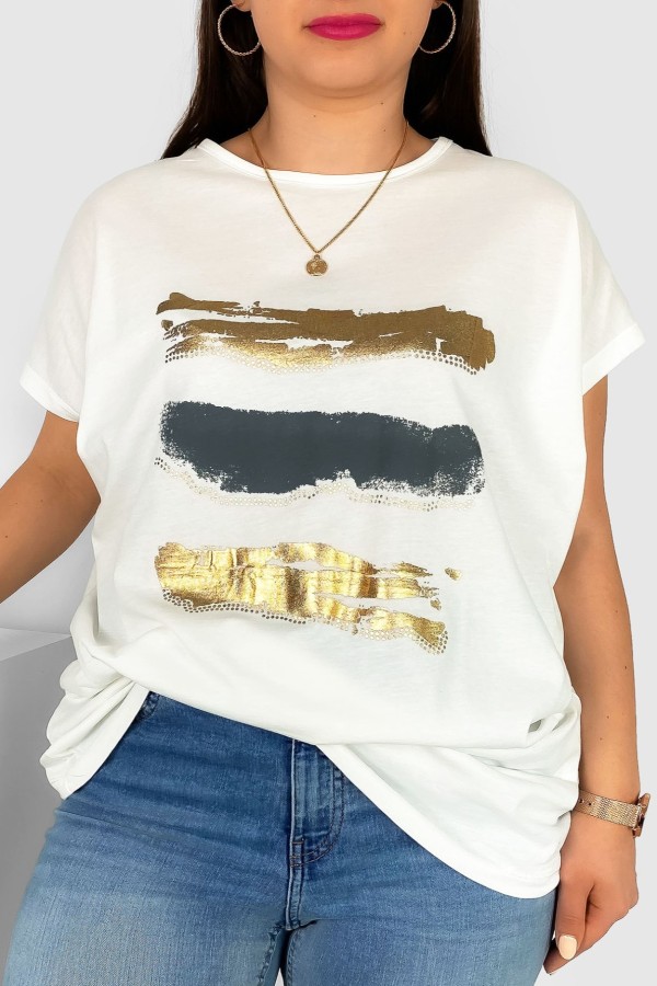 T-shirt damski plus size nietoperz w kolorze ecru nadruk złoty pasy Selmi