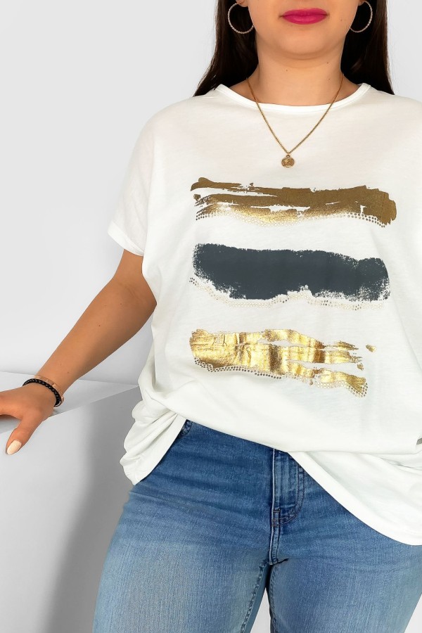 T-shirt damski plus size nietoperz w kolorze ecru nadruk złoty pasy Selmi 1