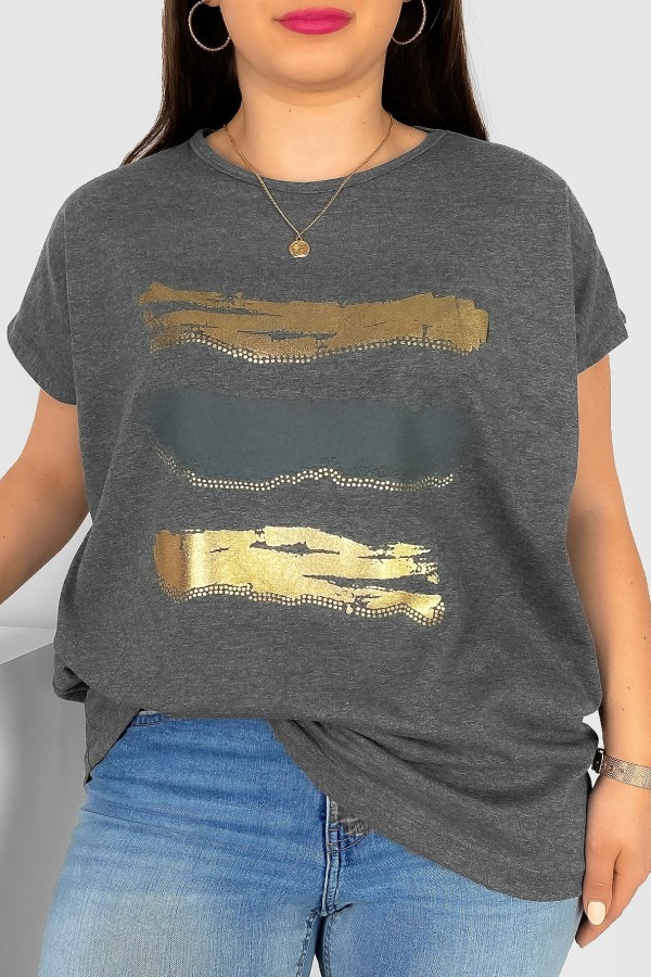 T-shirt damski plus size nietoperz w kolorze grafitowego melanżu nadruk złoty pasy Selmi