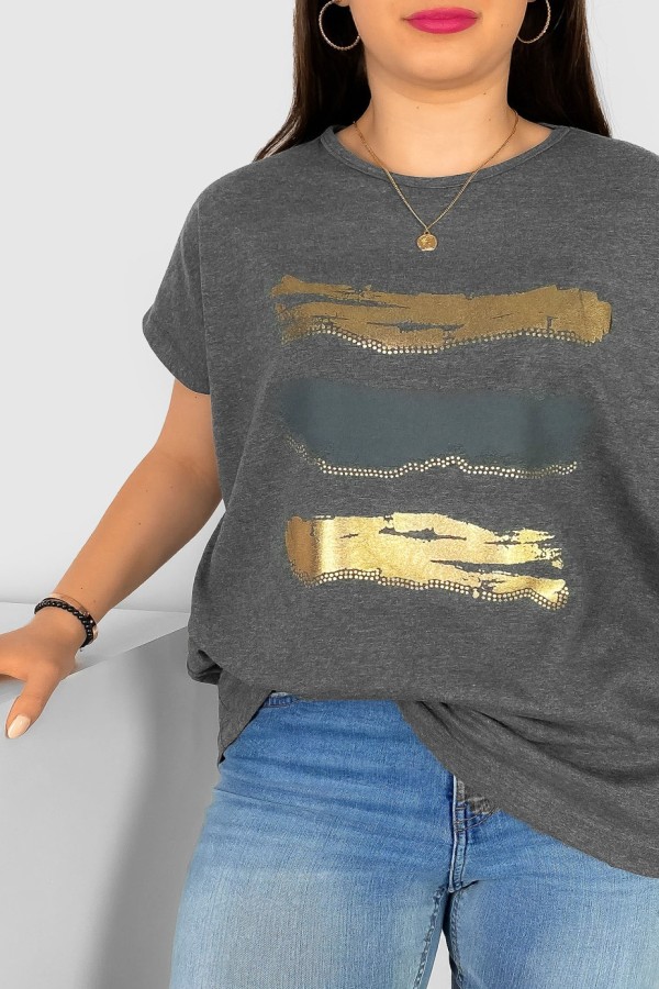 T-shirt damski plus size nietoperz w kolorze grafitowego melanżu nadruk złoty pasy Selmi 1