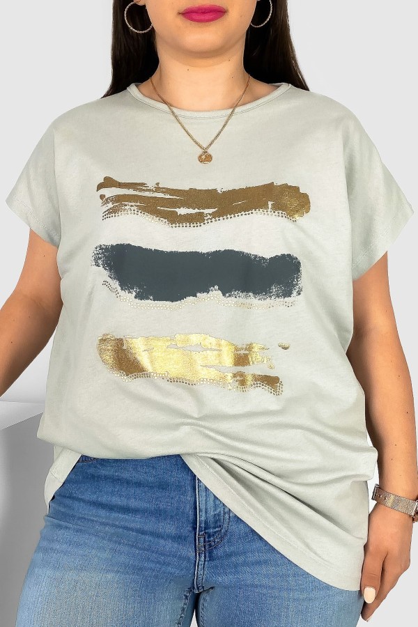 T-shirt damski plus size nietoperz w kolorze szarego beżu nadruk złoty pasy Selmi