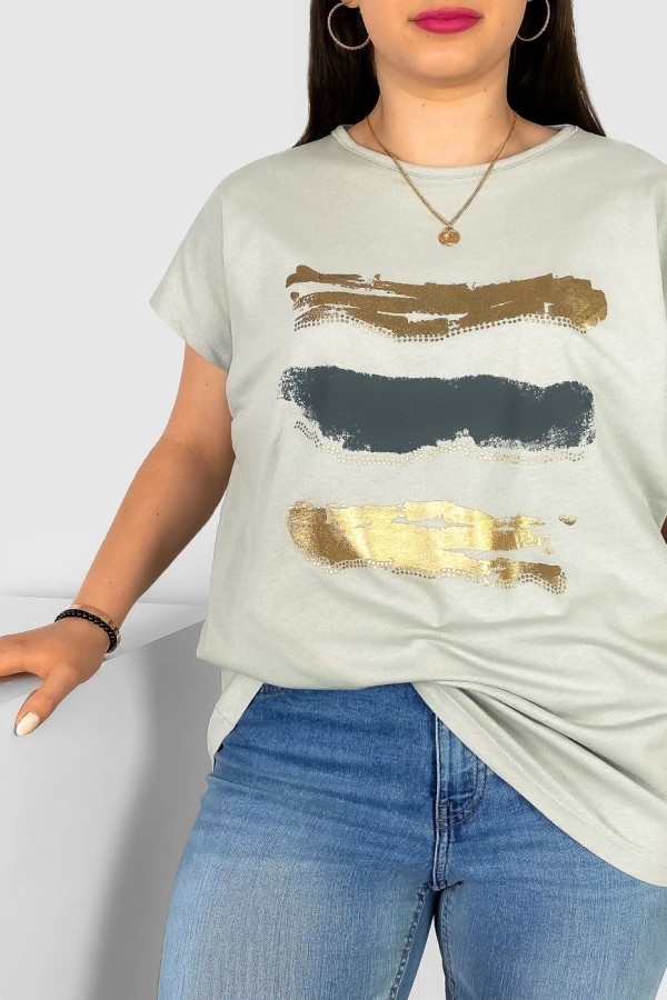 T-shirt damski plus size nietoperz w kolorze szarego beżu nadruk złoty pasy Selmi 1