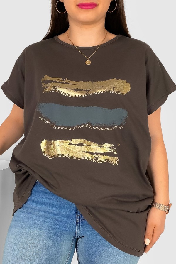 T-shirt damski plus size nietoperz w kolorze chłodnego brązu nadruk złoty pasy Selmi