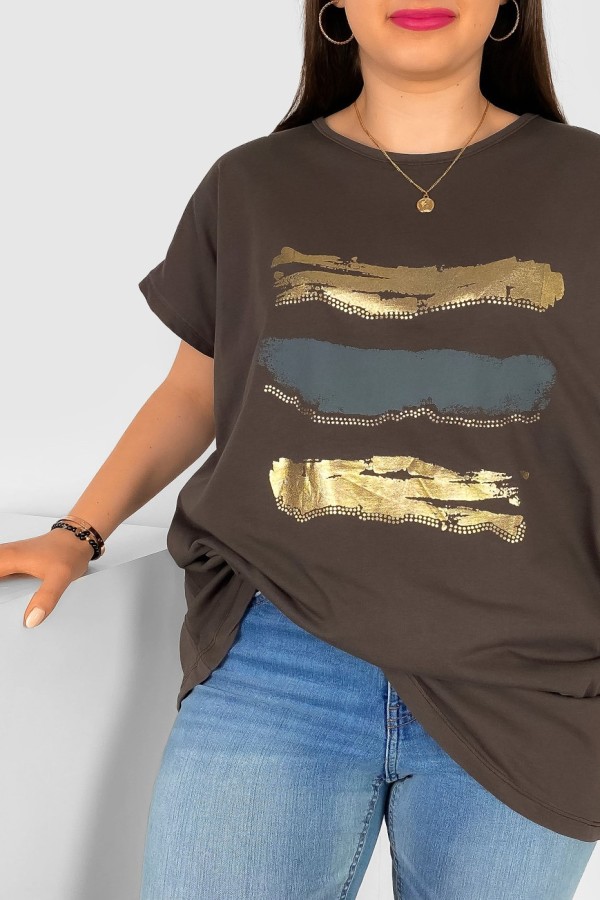 T-shirt damski plus size nietoperz w kolorze chłodnego brązu nadruk złoty pasy Selmi 1