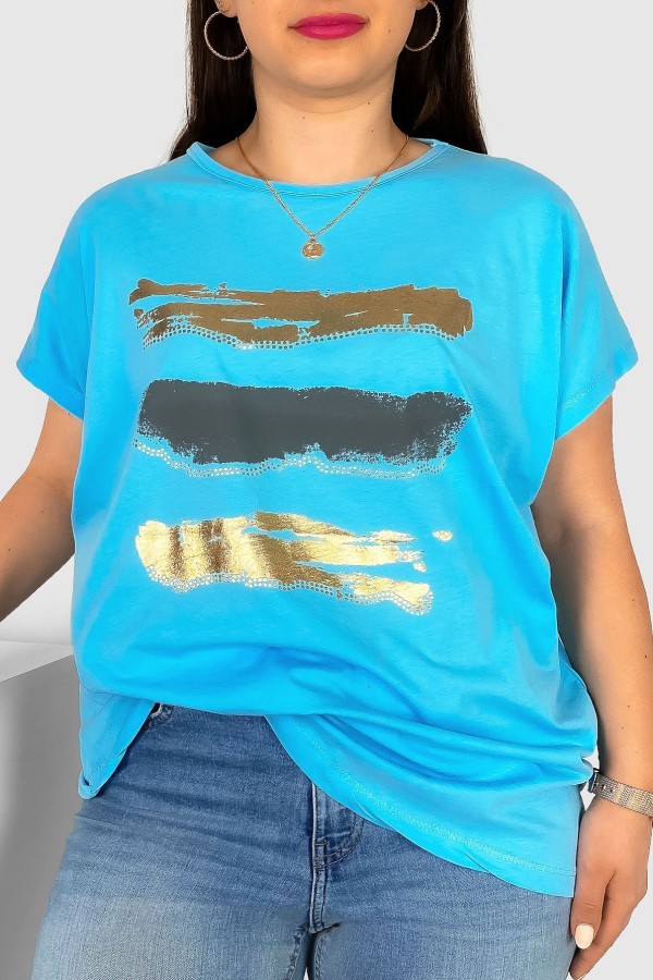 T-shirt damski plus size nietoperz w kolorze niebieskim nadruk złoty pasy Selmi