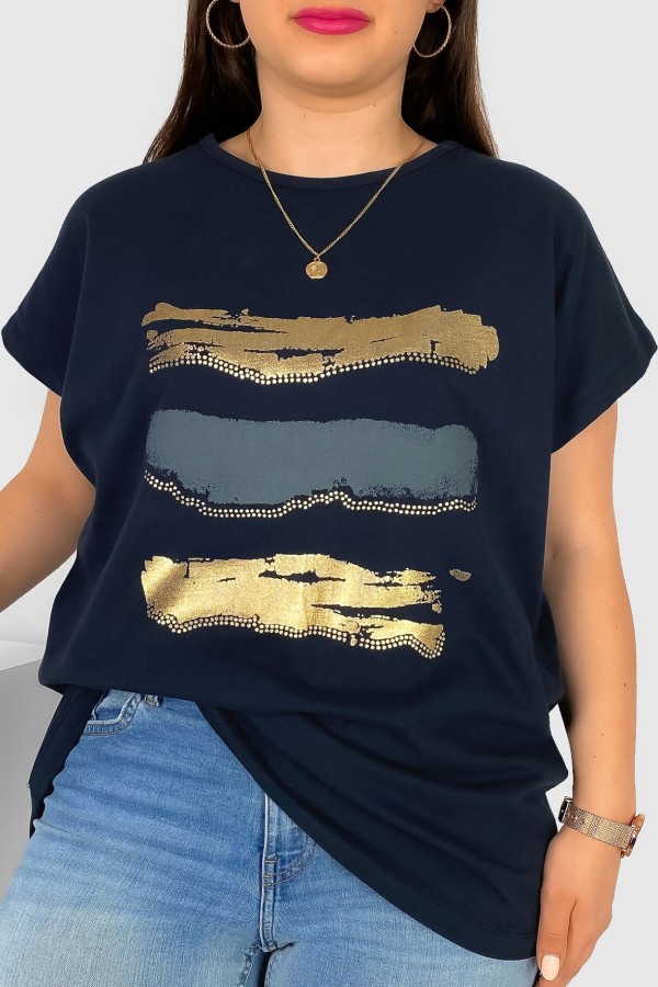 T-shirt damski plus size nietoperz w kolorze dark navy nadruk złoty pasy Selmi