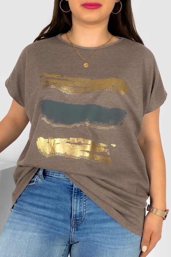 T-shirt damski plus size nietoperz w kolorze brązowego melanżu nadruk złoty pasy Selmi