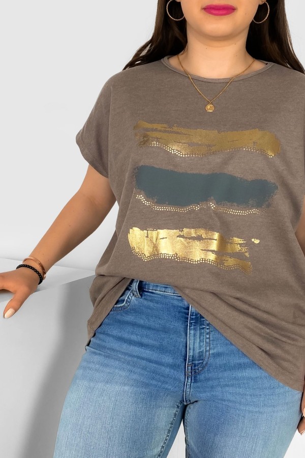 T-shirt damski plus size nietoperz w kolorze brązowego melanżu nadruk złoty pasy Selmi 1